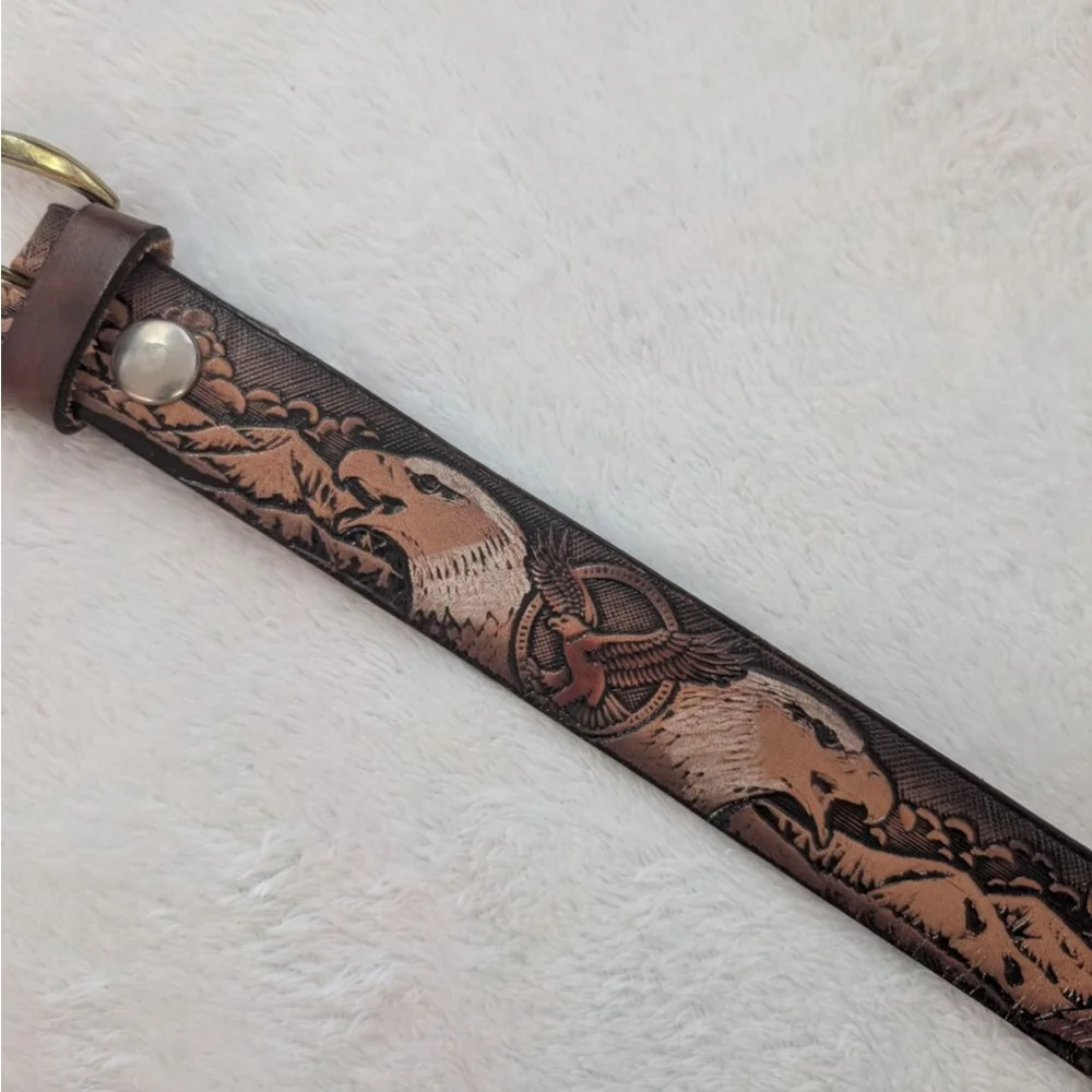 Unbranded Brown Tan Tooled Leather Eagle Belt -One Size - Needs Holes Punched